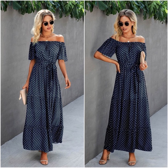 BellanBlue Dresses & Skirts - Boho Navy Blue polka dot off shoulder ruffle dress